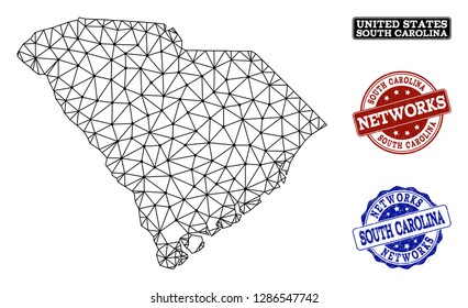Black mesh vector map of South Carolina State isolated on a white background and scratched stamp seals for networks. Abstract lines, dots and triangles forms map of South Carolina State.