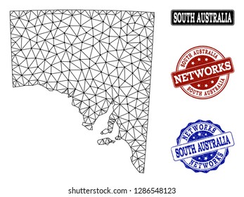 Black mesh vector map of South Australia isolated on a white background and grunge watermarks for networks. Abstract lines, dots and triangles forms map of South Australia.