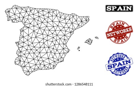 Black mesh vector map of Spain isolated on a white background and scratched watermarks for networks. Abstract lines, dots and triangles forms map of Spain.