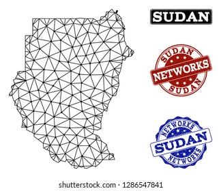 Black mesh vector map of Sudan isolated on a white background and grunge stamp seals for networks. Abstract lines, dots and triangles forms map of Sudan.