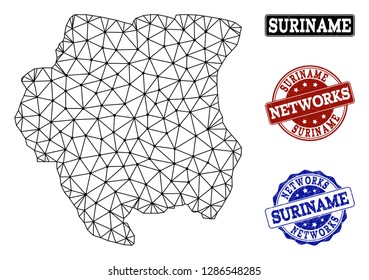 Black mesh vector map of Suriname isolated on a white background and scratched watermarks for networks. Abstract lines, dots and triangles forms map of Suriname.