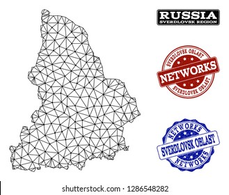 Black mesh vector map of Sverdlovsk Region isolated on a white background and rubber watermarks for networks. Abstract lines, dots and triangles forms map of Sverdlovsk Region.