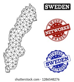 Black mesh vector map of Sweden isolated on a white background and scratched stamp seals for networks. Abstract lines, dots and triangles forms map of Sweden.