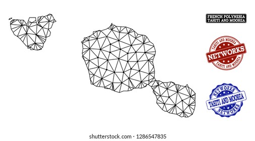 Black mesh vector map of Tahiti and Moorea islands isolated on a white background and grunge watermarks for networks. Abstract lines, dots and triangles forms map of Tahiti and Moorea islands.