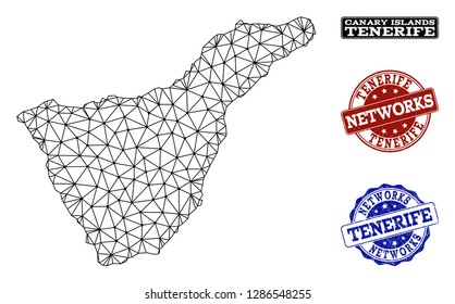 Black mesh vector map of Tenerife Island isolated on a white background and scratched watermarks for networks. Abstract lines, dots and triangles forms map of Tenerife Island.