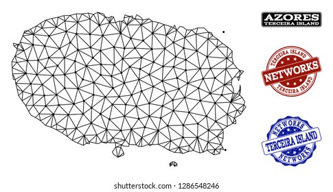 Black mesh vector map of Terceira Island isolated on a white background and scratched watermarks for networks. Abstract lines, dots and triangles forms map of Terceira Island.