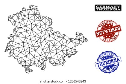Black mesh vector map of Thuringia State isolated on a white background and grunge watermarks for networks. Abstract lines, dots and triangles forms map of Thuringia State.