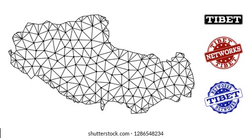 Black mesh vector map of Tibet isolated on a white background and scratched stamp seals for networks. Abstract lines, dots and triangles forms map of Tibet.