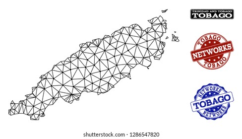 Black mesh vector map of Tobago Island isolated on a white background and rubber stamp seals for networks. Abstract lines, dots and triangles forms map of Tobago Island.