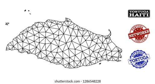 Black mesh vector map of Tortuga Island isolated on a white background and grunge stamp seals for networks. Abstract lines, dots and triangles forms map of Tortuga Island.
