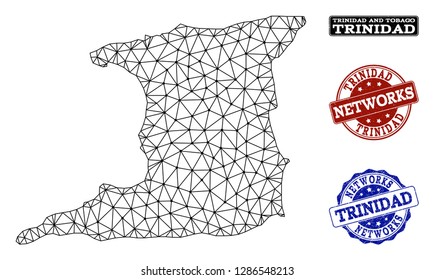 Black mesh vector map of Trinidad Island isolated on a white background and rubber stamp seals for networks. Abstract lines, dots and triangles forms map of Trinidad Island.