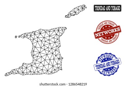 Black mesh vector map of Trinidad and Tobago isolated on a white background and scratched watermarks for networks. Abstract lines, dots and triangles forms map of Trinidad and Tobago.