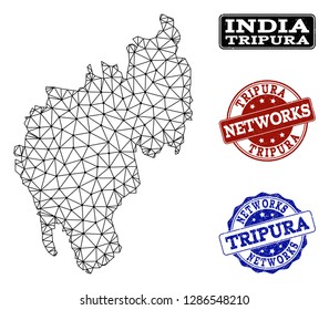 Black mesh vector map of Tripura State isolated on a white background and scratched stamp seals for networks. Abstract lines, dots and triangles forms map of Tripura State.
