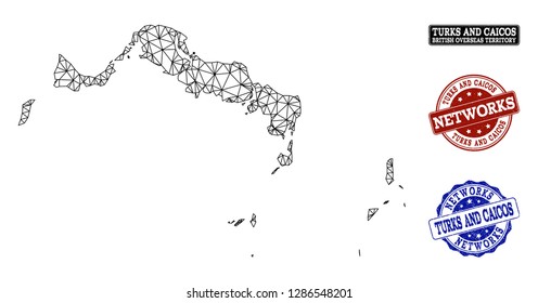 Black mesh vector map of Turks and Caicos Islands isolated on a white background and grunge watermarks for networks. Abstract lines, dots and triangles forms map of Turks and Caicos Islands.