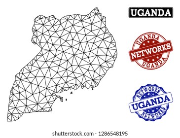Black mesh vector map of Uganda isolated on a white background and scratched stamp seals for networks. Abstract lines, dots and triangles forms map of Uganda.