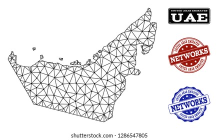 Black mesh vector map of United Arab Emirates isolated on a white background and rubber stamp seals for networks. Abstract lines, dots and triangles forms map of United Arab Emirates.