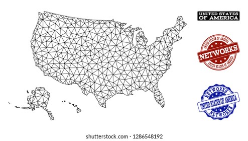 Black mesh vector map of USA territories isolated on a white background and scratched watermarks for networks. Abstract lines, dots and triangles forms map of USA territories.