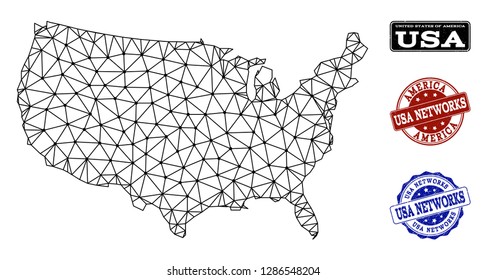 Black mesh vector map of USA isolated on a white background and grunge watermarks for networks. Abstract lines, dots and triangles forms map of USA.