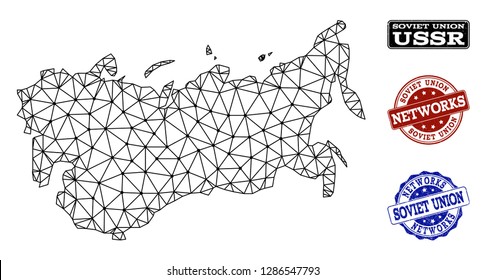 Black mesh vector map of USSR isolated on a white background and scratched stamp seals for networks. Abstract lines, dots and triangles forms map of USSR.
