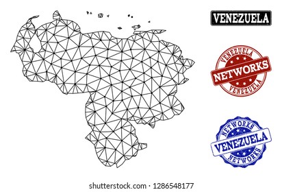 Black mesh vector map of Venezuela isolated on a white background and rubber watermarks for networks. Abstract lines, dots and triangles forms map of Venezuela.