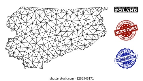 Black mesh vector map of Warmia-Masuria Province isolated on a white background and rubber watermarks for networks. Abstract lines, dots and triangles forms map of Warmia-Masuria Province.