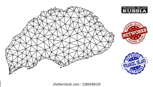 Black mesh vector map of Wrangel Island isolated on a white background and rubber stamp seals for networks. Abstract lines, dots and triangles forms map of Wrangel Island.