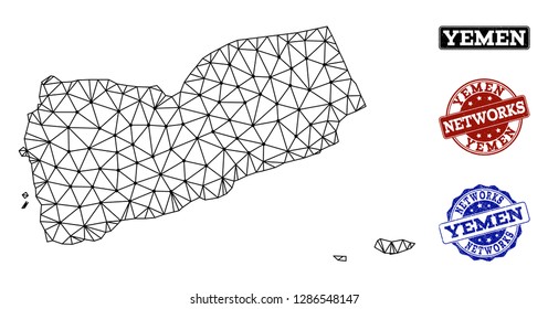Black mesh vector map of Yemen isolated on a white background and scratched watermarks for networks. Abstract lines, dots and triangles forms map of Yemen.