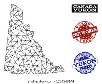 Black mesh vector map of Yukon Province isolated on a white background and grunge stamp seals for networks. Abstract lines, dots and triangles forms map of Yukon Province.