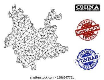 Black mesh vector map of Yunnan Province isolated on a white background and grunge stamp seals for networks. Abstract lines, dots and triangles forms map of Yunnan Province.