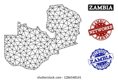 Black mesh vector map of Zambia isolated on a white background and scratched watermarks for networks. Abstract lines, dots and triangles forms map of Zambia.