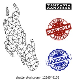 Black mesh vector map of Zanzibar Island isolated on a white background and scratched stamp seals for networks. Abstract lines, dots and triangles forms map of Zanzibar Island.