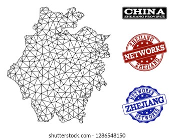 Black mesh vector map of Zhejiang Province isolated on a white background and rubber stamp seals for networks. Abstract lines, dots and triangles forms map of Zhejiang Province.