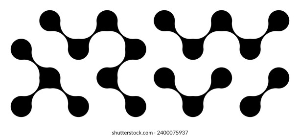 Black meta balls set. Diagonal connected morph dots. Liquid blobs pattern collection. Thin integration abstract concept. Bubble design element bundle for logo, icon, tag, emblem, poster. Vector pack