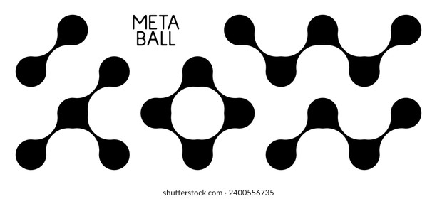 Black meta balls set. Diagonal connected morph dots. Liquid blobs pattern collection. Thin integration abstract concept. Morphing design element bundle for logo, icon, tag, emblem, poster. Vector pack