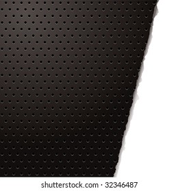 Black metal background with holes and torn white paper
