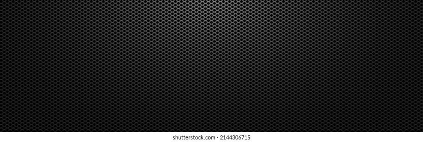 Black metal background. Perforated dark texture with light. Carbon sheet with holes. Abstract steel wallpaper wide. Modern composite material. Vector illustration.