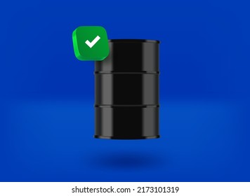 Black metal barrel of oil with checkmark icon. 3d vector illustration