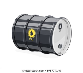 Black metal barrel for oil. Equipment transportation fuel. Isolated white background. Vector illustration.