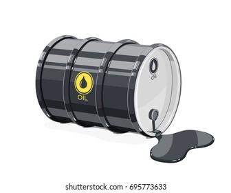 Black metal barrel for oil with spot. Equipment transportation fuel. Isolated white background. Vector illustration.