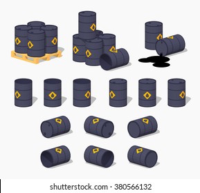 Black metal barrels with the oil. 3D lowpoly isometric vector illustration. The set of objects isolated against the white background and shown from different sides