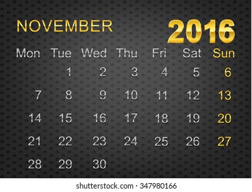 black metal calendar 2016 with gold and metal chrome letter,november