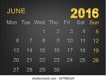 black metal calendar 2016 with gold and metal chrome letter,june