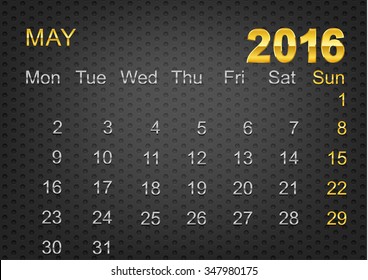 black metal calendar 2016 with gold and metal chrome letter,may