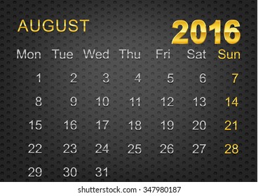 black metal calendar 2016 with gold and metal chrome letter,august