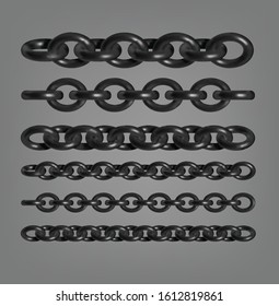 Black metal chains in different angles. 3d realistic illustration. Jewelry set
