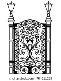 black metal door with tracery ornaments and lanterns