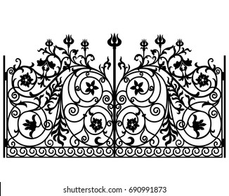 Black metal gate with a forged floral ornament on a white background