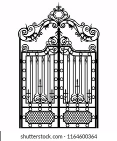 Black metal gate with forged ornaments on a white background