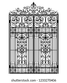 Black metal gate with forged ornaments on a white background