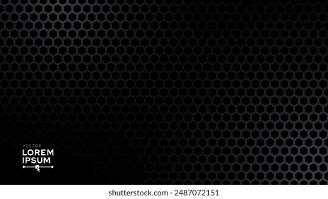 Black Metal Hexagon Grid Steel Background. Hexagonal Holes Perforated Sheet Metal or Carbon Fiber Texture. New Strong Nanomaterial Technology Abstract Vector Illustration.
